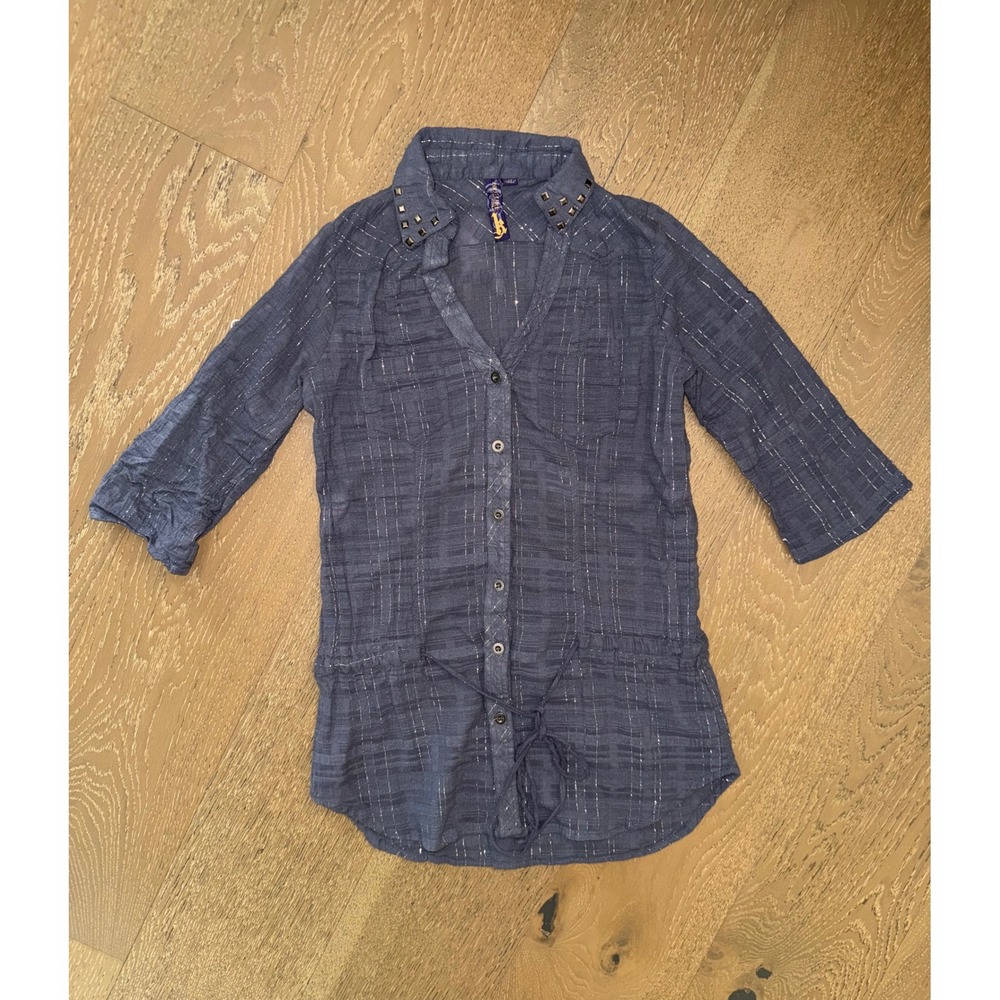 Kouture by Kyra Blue Studded Collar Metallic Plaid Drawstring Tunic Top Medium